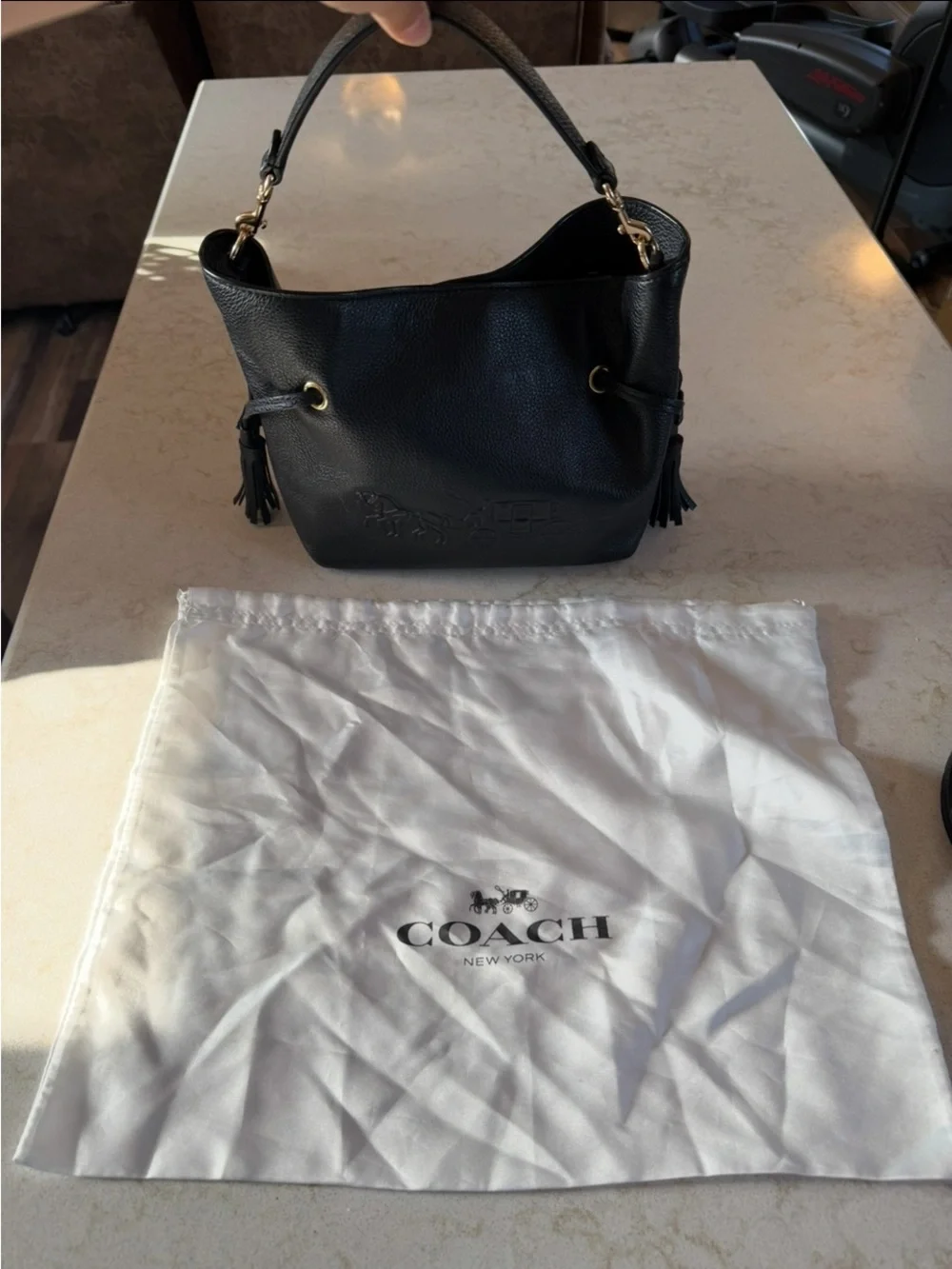 Coach Black Pebbled Leather Shoulder Tote with Tassels and Gold Hardware